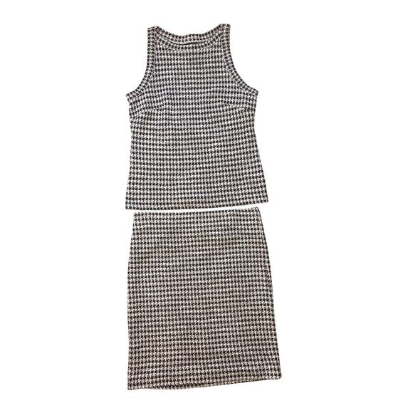 Ann Taylor Houndstooth 2 Piece Set Top & Skirt Tweed Knit Brown S MP Lined FA22 - Picture 1 of 16